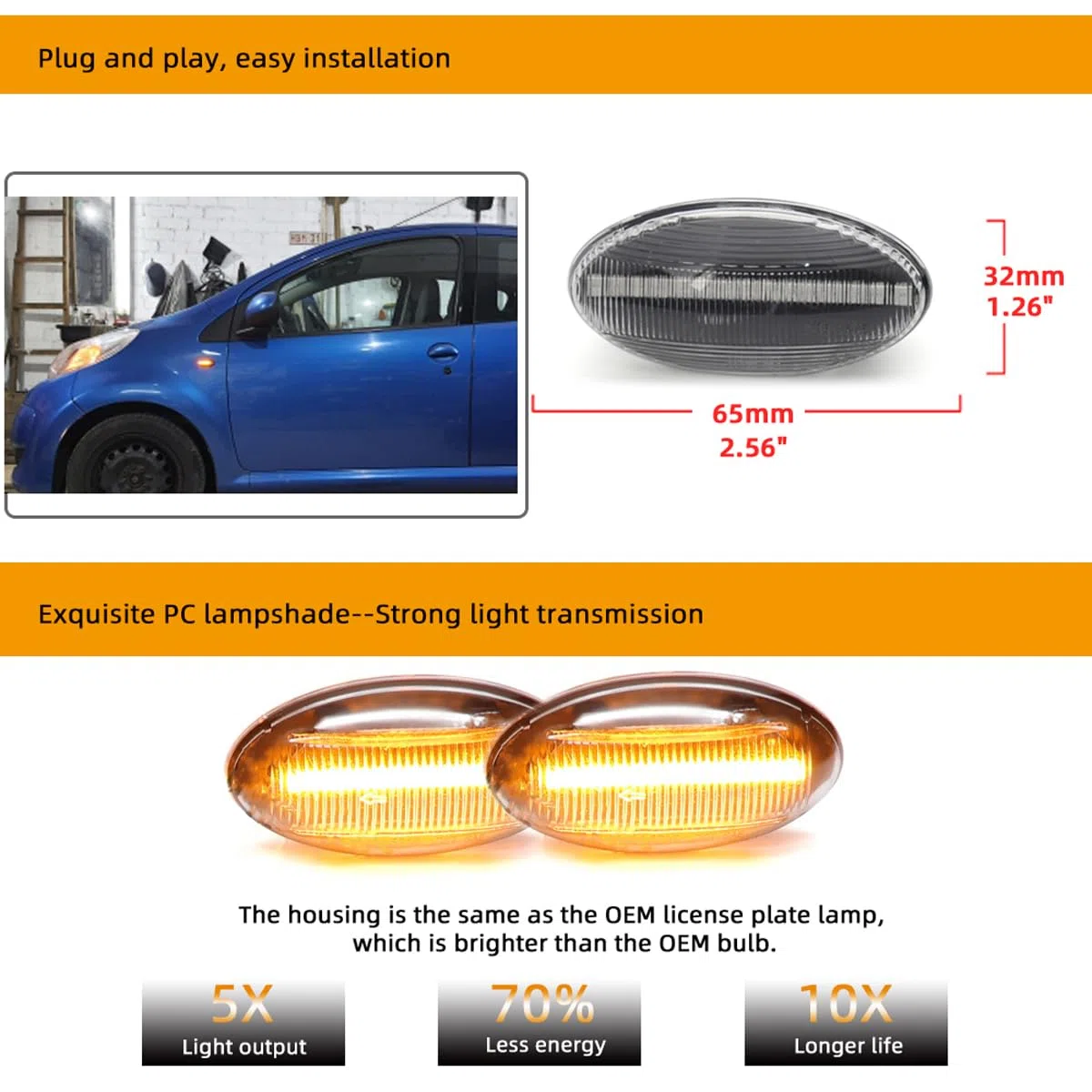 2 pz Dinamica LED Indicatore Laterale Indicatori di Direzione Lente Fumé Compatibile per Peugeot 1007 107 206 207 307 407 607 Compatibile per Citroen C1 C2 C3 C5 C6 Xsara Picasso