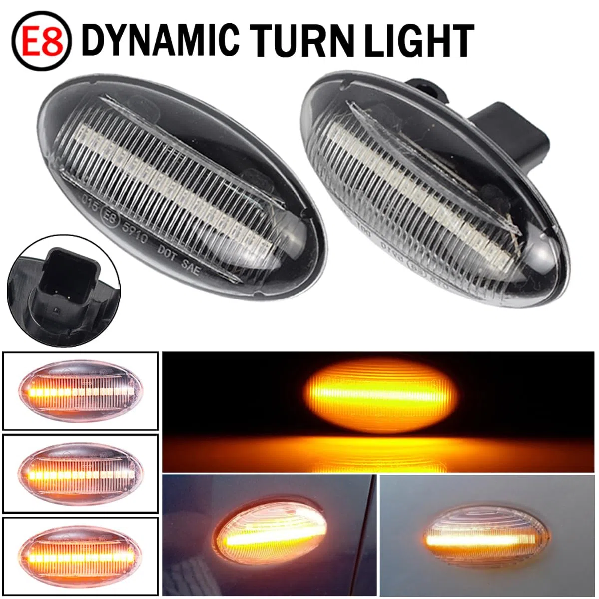 2 pz Dinamica LED Indicatore Laterale Indicatori di Direzione Lente Fumé Compatibile per Peugeot 1007 107 206 207 307 407 607 Compatibile per Citroen C1 C2 C3 C5 C6 Xsara Picasso